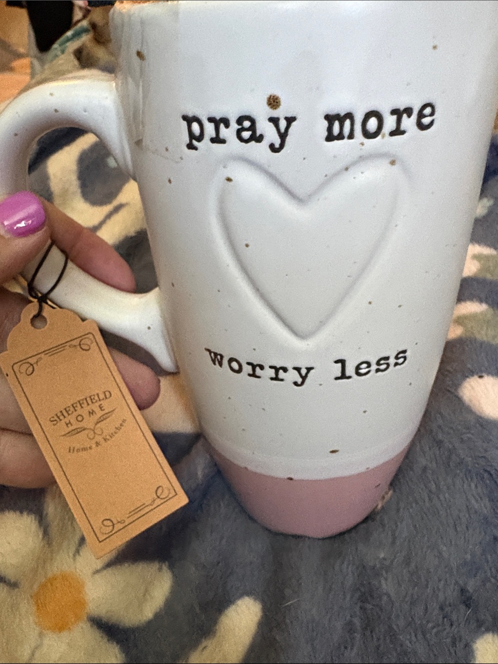 Sheffield Home 'Pray More Worry Less' White and Pink Mug heavy duty ceramic